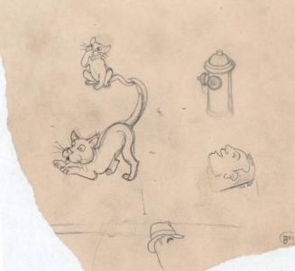 (108) untitled [sketch, two cats and head; verso, fire hydrant and hat]