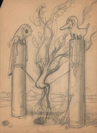 (124)  untitled [sketch, tree figure swinging on rope tied between two pillars]