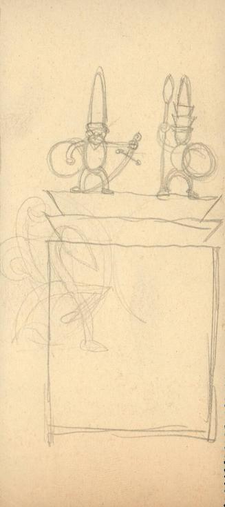 (137)  untitled [sketch, two small figurines on shelf/pedestal; verso partial sketch]