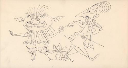 (69)  untitled [sketch, two stylized figures with a cat]