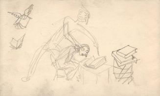 (71)  untitled [sketch, book with wings, one figure pointing at book on desk, forcing seated figure to read it]