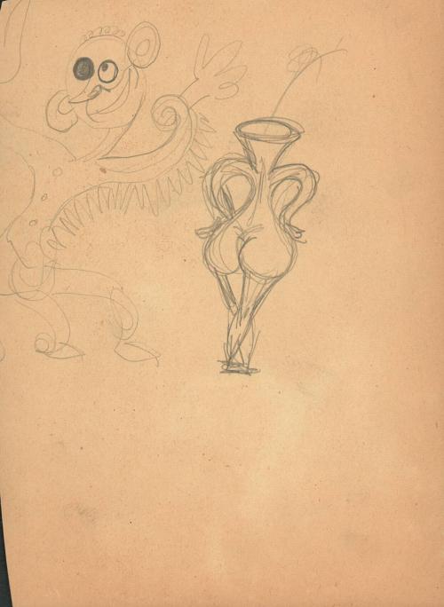 (76)  untitled [sketch, female figure vase shape and sketch of a clown; verso math figures]