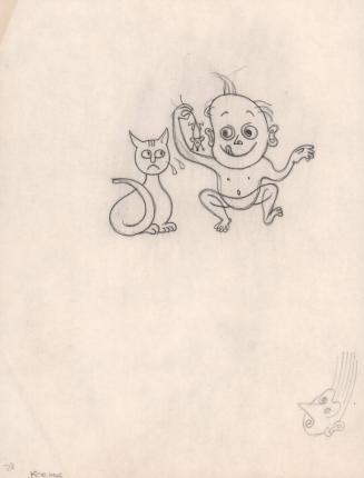 (85)  untitled [sketch, cat with baby holding mouse; verso sketch of head with surprised expression]