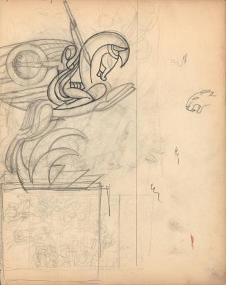 (87)  untitled [sketch, stylized rearing horse and rider with spear]