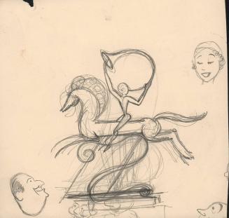 (88)  untitled [sketches, horse and rider, horn, and two heads]