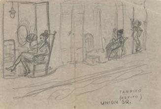 (93)  untitled [sketch, prostitute with fan - Tampico (Mexico) Union Sq.; verso sketch,  Cabaret y Salon Tivoli]