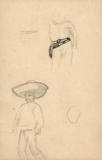 (95)  untitled [sketches, Mexican male figure and pen sketch of waist with gun belt]
