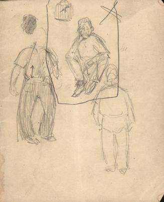 (96)  untitled [sketches, male figures, one seated man with bird in cage]