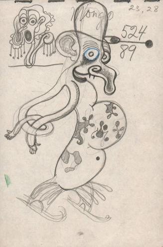 (99)  untitled [sketches of creature on skis and head study]