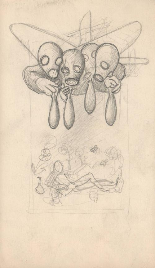(110)  untitled [sketch, four figures flying in plane wearing gas masks preparing to drop bombs on picnicking figure below]