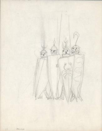 (111)  untitled [sketch, four figures wearing helmets and standing behind sheilds]