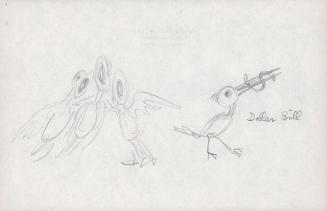 (160/7) “Strictly for the Birds”, untitled [sketch, four birds, one with a dollar bill in its beak]