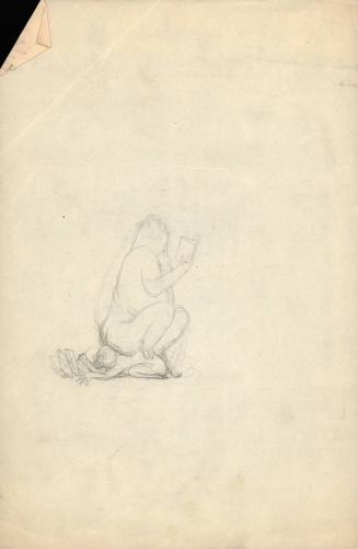 (185)  untitled [sketch, reading figure sitting on writing figure; verso sketch of eye with blue pencil squiggle]