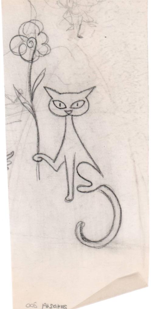 (200)  untitled [sketch, cat holding flower]