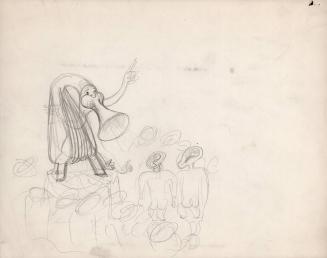 (206)  untitled [sketch, horn/bellows creature giving a speech; verso pencil sketch of a standing woman]