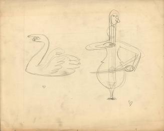 (212)  untitled [sketch, swan with hand for head, figure shaped like a cello]