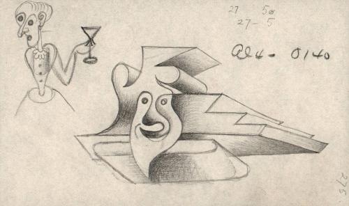 (227)  untitled [sketch, stylized study of woman with glass, geometric face]
