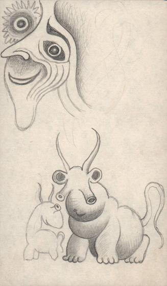 (237)  untitled [sketch, stylized head with two creatures, one has a double trunk for a nose]