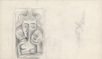 (276)  untitled [sketch, cubist-style portrait of a woman with two apes at left; logo design for Kenyon; verso “chicken scratch”]