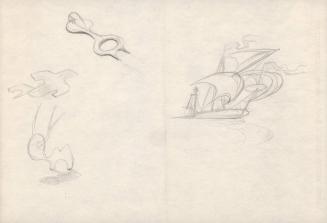 (297)  untitled [sketch, four sketches, 1 is a ship with sails, 2 are spaceships, 1 camel/deer critter]