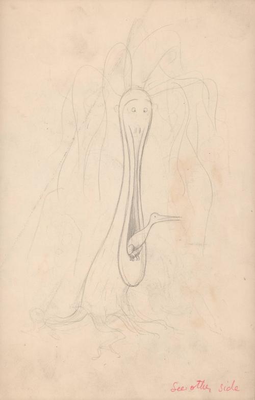 (299)  untitled [sketch, tree-like creature with bird in its mouth; verso: sketch of a two-headed six-legged critter. Bird with donkey/elephant]
