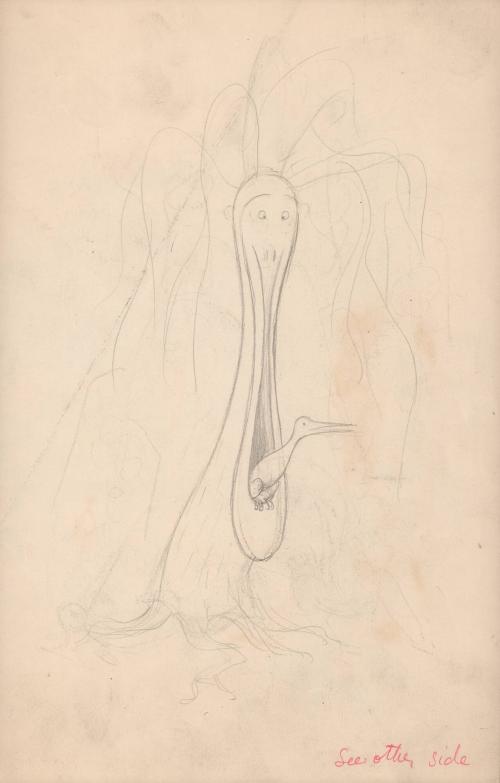 (299)  untitled [sketch, tree-like creature with bird in its mouth; verso: sketch of a two-headed six-legged critter. Bird with donkey/elephant]