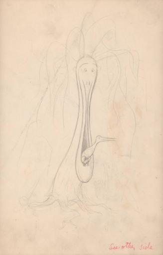 (299)  untitled [sketch, tree-like creature with bird in its mouth; verso: sketch of a two-headed six-legged critter. Bird with donkey/elephant]