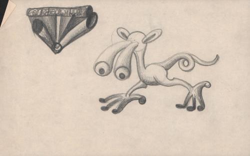 (305) untitled [sketch, creature with long protruding eye stalks, two legs and a curly tail]