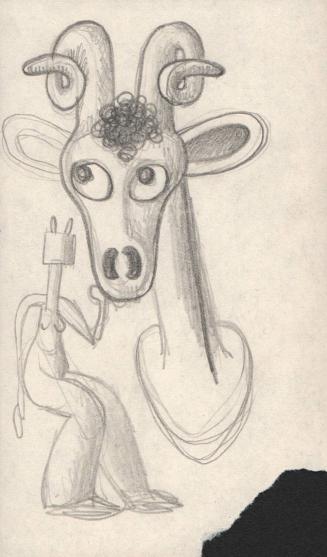 (312) untitled [sketch, goat head and figure with electric adaptor for a head; verso sketch of creature with tall curled horns]