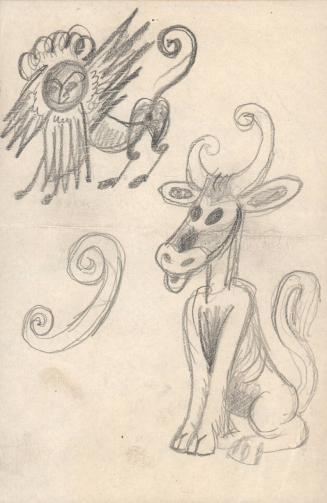 (313) untitled [sketch, two creatures, lion and ox; verso sketches]