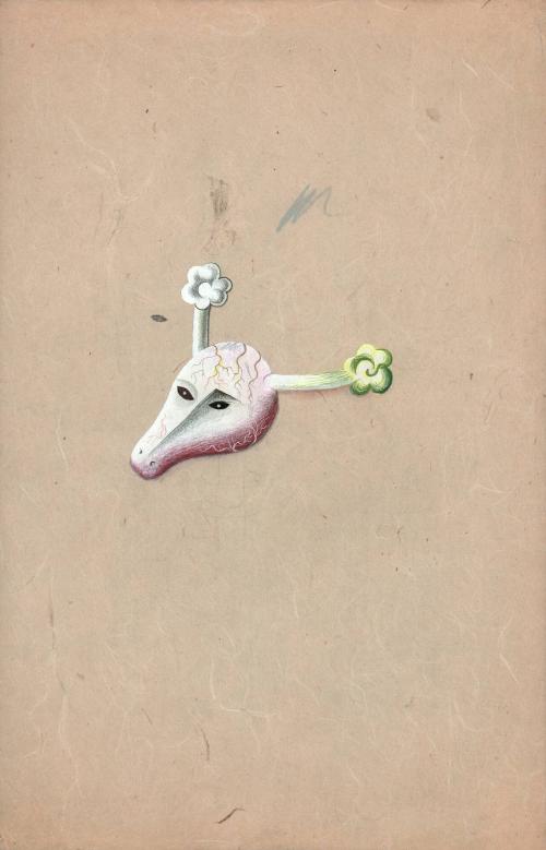 (316) untitled [sketch, cow skull-like head with flowers for horns]