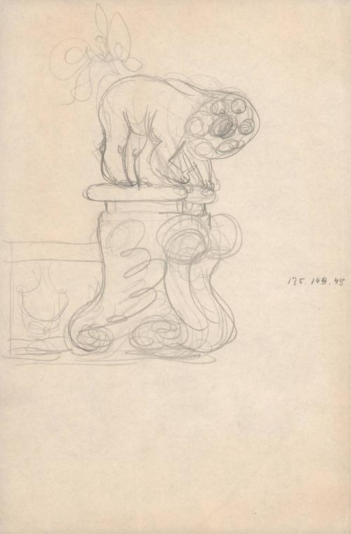 (320) untitled [sketch, creature crouched on all fours on top of pedestal]