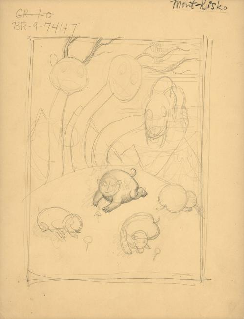 (321) untitled [sketch, three long necked creatures peering over hilltop at four small roly-poly creatures sniffing flowers; verso, pencil sketch.]