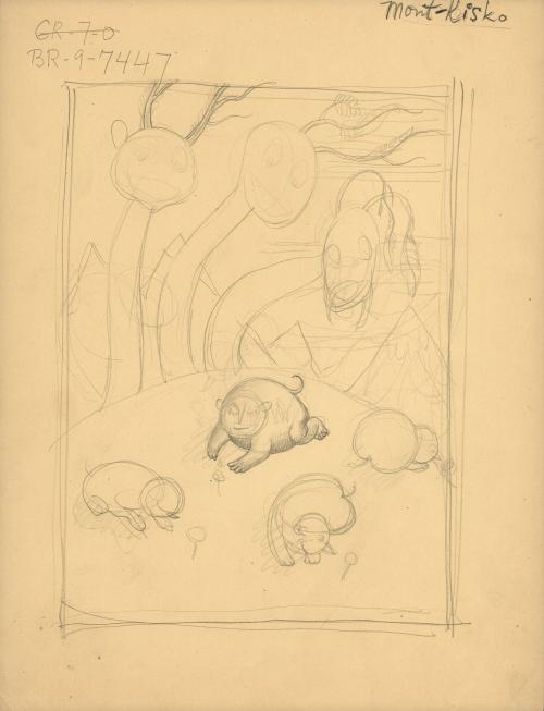 (321) untitled [sketch, three long necked creatures peering over hilltop at four small roly-poly creatures sniffing flowers; verso, pencil sketch.]