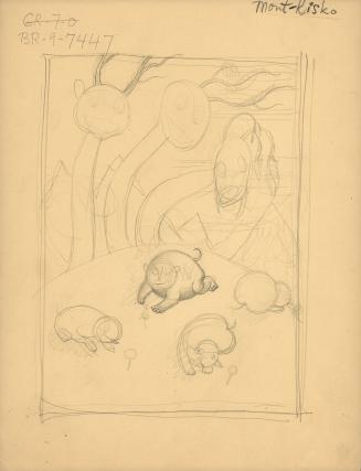 (321) untitled [sketch, three long necked creatures peering over hilltop at four small roly-poly creatures sniffing flowers; verso, pencil sketch.]