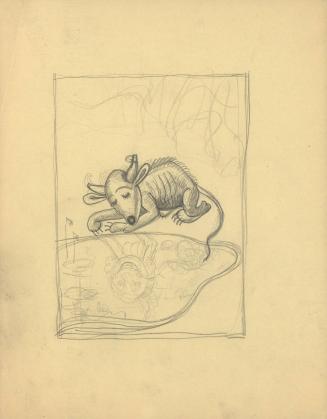 (326) untitled [sketch, rat-like creature seeing its reflection in the water as something other than it is]