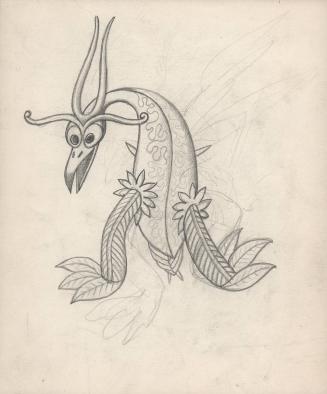 (335) untitled [sketch, bird/creature with leaf-like limbs]