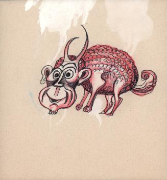 (339) untitled [sketch, horned critter with humanoid face and pig-like body]