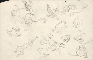 (348) untitled [sketch, 12 studies of little critters, flying elephant, frog, etc.; verso, two more sketches]