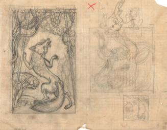 (3) untitled sketch (left side) fox and the grapes (right side) three other sketches
