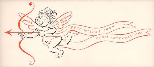 (54) Best Wishes from Boris Artzybasheff (cupid with bow and arrow and banner announcement.)