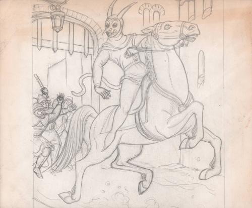 (57)  untitled [sketch; Demon (man in costume) on horseback being pursued by an angry mob]
