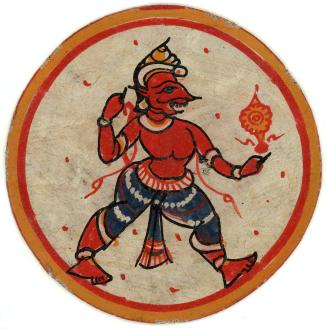 [Hindu Dashavatara Ganjifa playing card, Narasimha, Chakra suit, court card, mantrî (minister)]