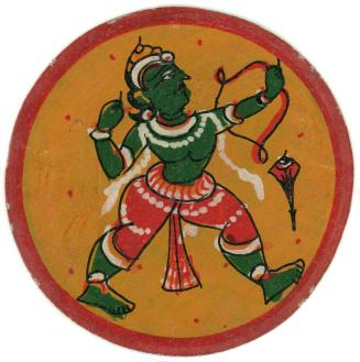 [Hindu Dashavatara Ganjifa playing card, Rama, Arrow suit, court card, mantrî (minister)]