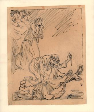 untitled [man with raised knife holding down another man/ woman cringing in background with two other witnesses behind her]