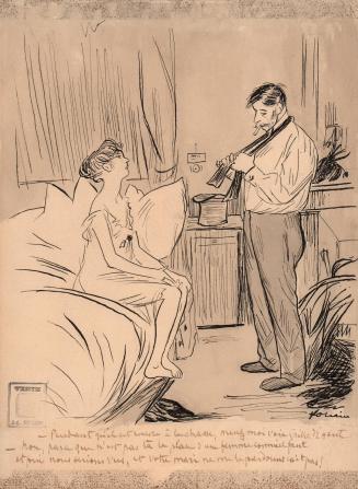 Man and wife in a bedroom with inscription