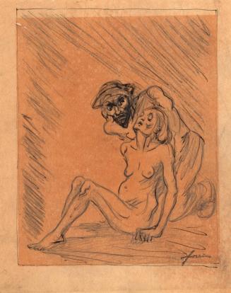 Bearded man kneeling behind a nude woman