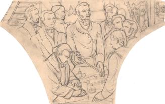 Mural Sketch, group gathered around table with central figure holding a drawn sword (surrender scene?)