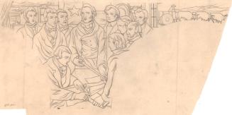 Mural Sketch, group gathered around table with central figure holding a drawn sword (surrender scene?)