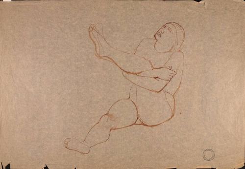 [Seated nude woman holding her leg up in a stretch]